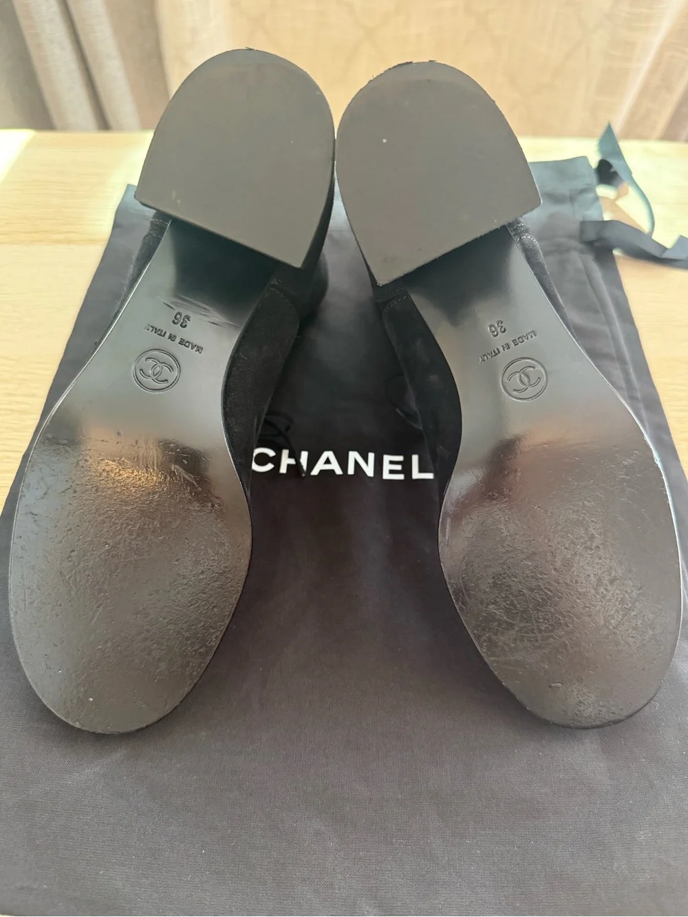 CHANEL Black Suede Lace-Up Ankle Boots with Patent Cap Toe and Pearl Buttons
